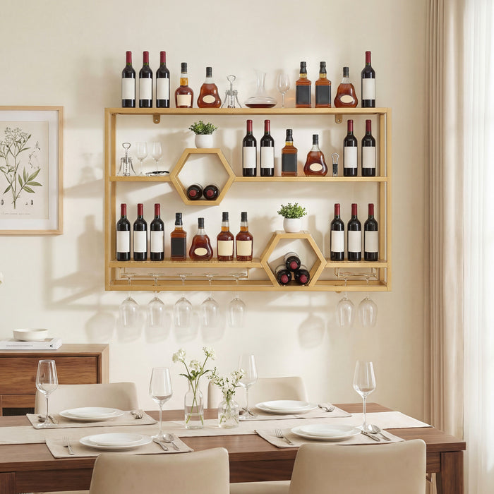 3-Tier Metal Wall Mounted Wine Rack with Glass Holder  for Home Bar-Black