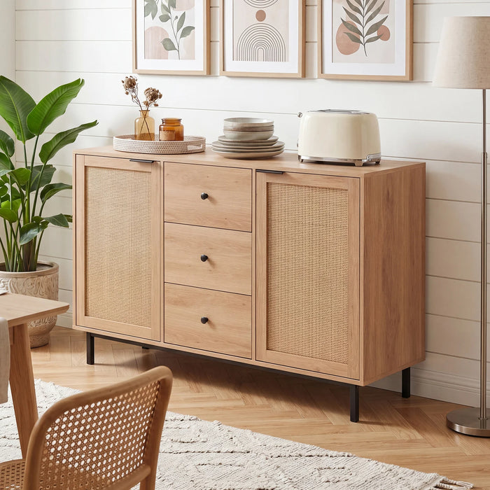 120 cm Sideboard Buffet Cabinet with Storage 2 Rattan Doors and 3 Drawers-Brown