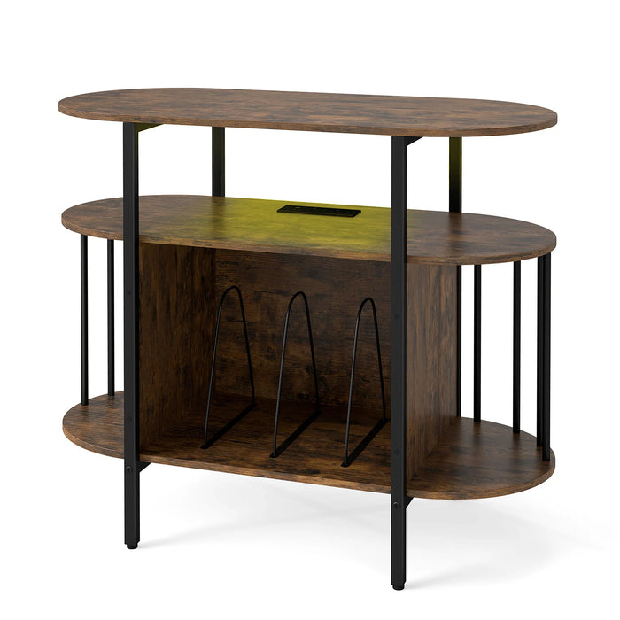 Large Record Player Stand w/LED Lights Charging Station & Display Shelves for Music Corner-Black