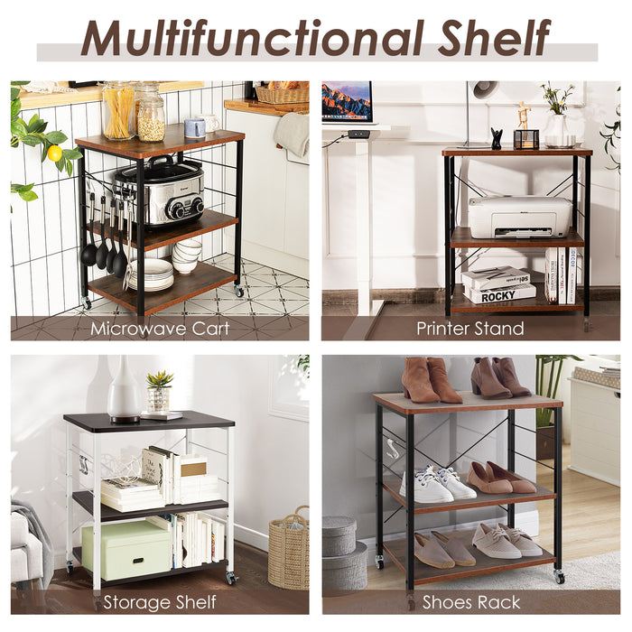 3 Tier Rolling Kitchen Baker's Rack with Adjustable Shelf and Hooks-Net Brown