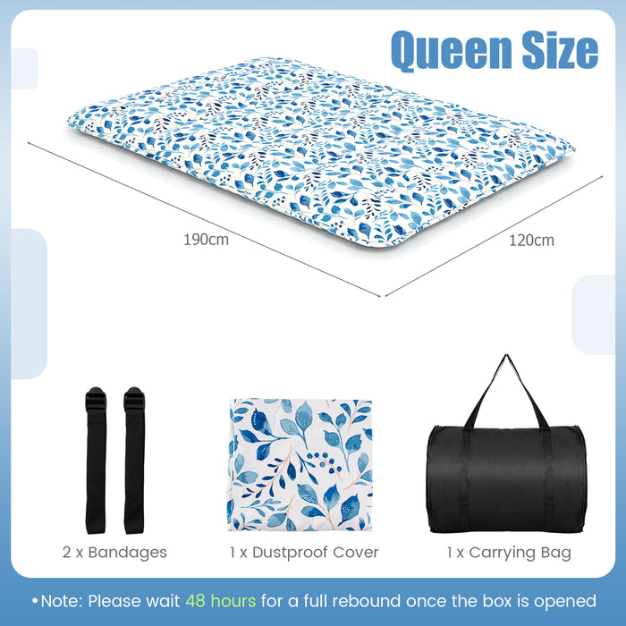 Japanese Floor Mattress with Washable Cover and Carry Bag-Blue & White-