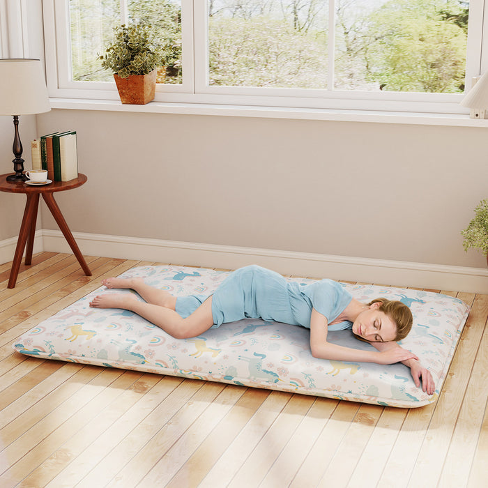 Japanese Floor Mattress with Washable Cover and Carry Bag-Blue & White-