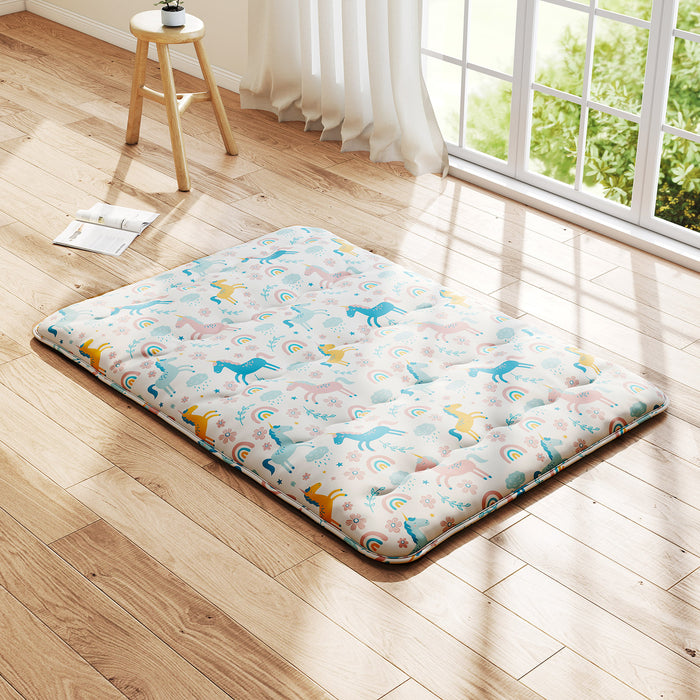 Japanese Floor Mattress with Washable Cover and Carry Bag-Blue & White-