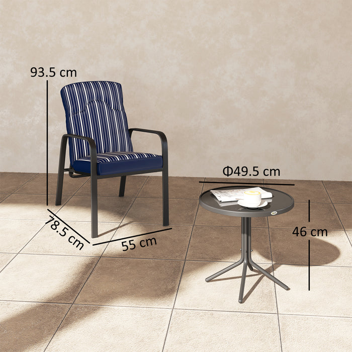 Outsunny 3-Piece Patio Bistro Set, 5-Position Adjustable Recliner Garden Chairs and Tempered Glass Table, Garden Furniture Set with Cushions, High Back, Armrests, Metal Frame for Balcony Patio, Blue