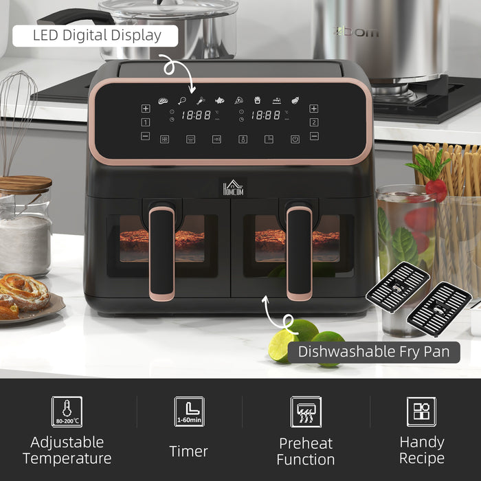 8L Dual Air Fryer Oven with Smart Finish - 8-in-1 Presets, Digital Display & Visual Window - Family-Sized Healthy Low Fat Cooking, 2700W, Gold Tone