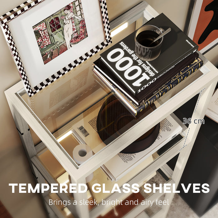 HOMCOM LED Floor Lamp with Glass Shelves, 4 Layers Dimmable Tall Standing Lamp, Modern Column Shelf Floor Light for Living Room, Bedroom, Office, Oak