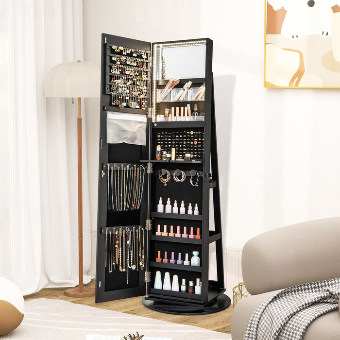 Mirrored Jewelry Armoire - 360-Degree Rotation, 3-Color Auto-on LED Lights, Black Finish - Ideal for Organizing and Showcasing Jewelry Collection