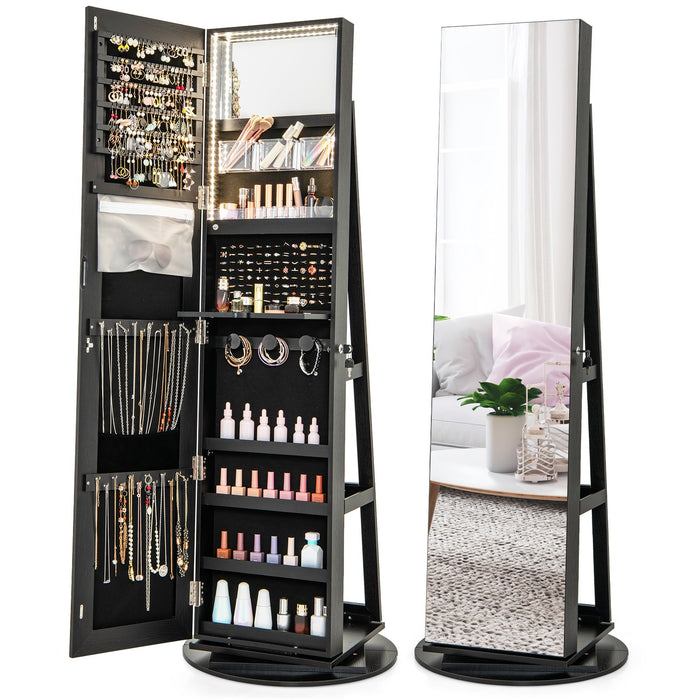 Mirrored Jewelry Armoire - 360-Degree Rotation, 3-Color Auto-on LED Lights, Black Finish - Ideal for Organizing and Showcasing Jewelry Collection
