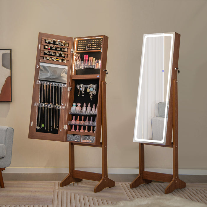 Standing Jewelry Cabinet with LED Lights Lipstick Box and 2 Drawers-Walnut