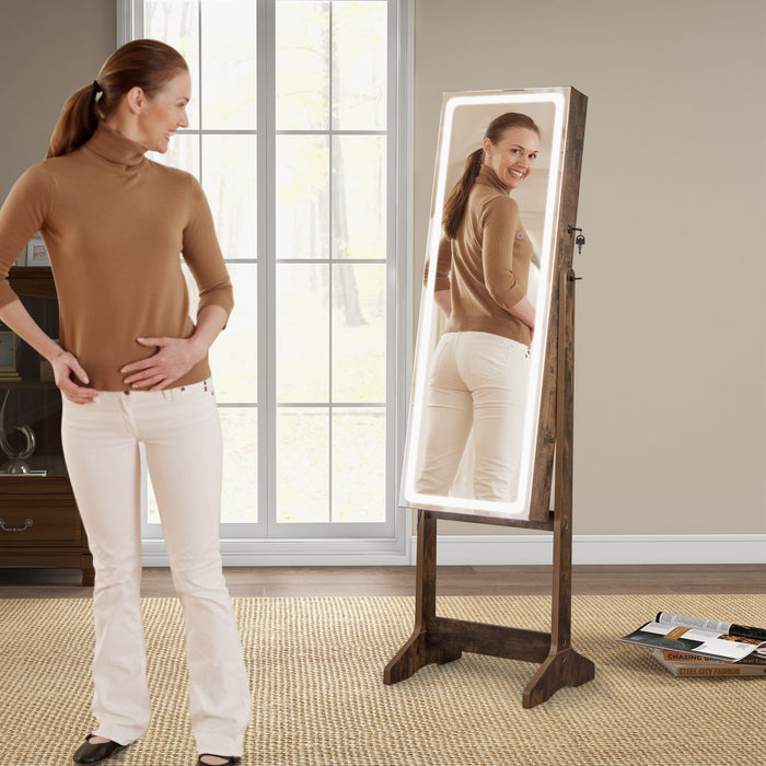 Standing Jewelry Cabinet with LED Lights Lipstick Box and 2 Drawers-Walnut