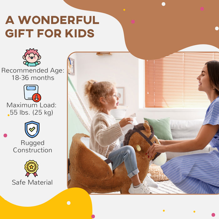 AIYAPLAY Kids Rocking Horse, Plush Ride on Horse, with Sound, Wood Base for Aged 18-36 Months - Brown