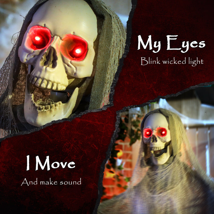 Outsunny 183 cm Life Size Halloween Animated Skeleton Grim Reaper with Glowing LED Eyes, Scary Halloween Decorations, Battery Operated, Indoor Party Props