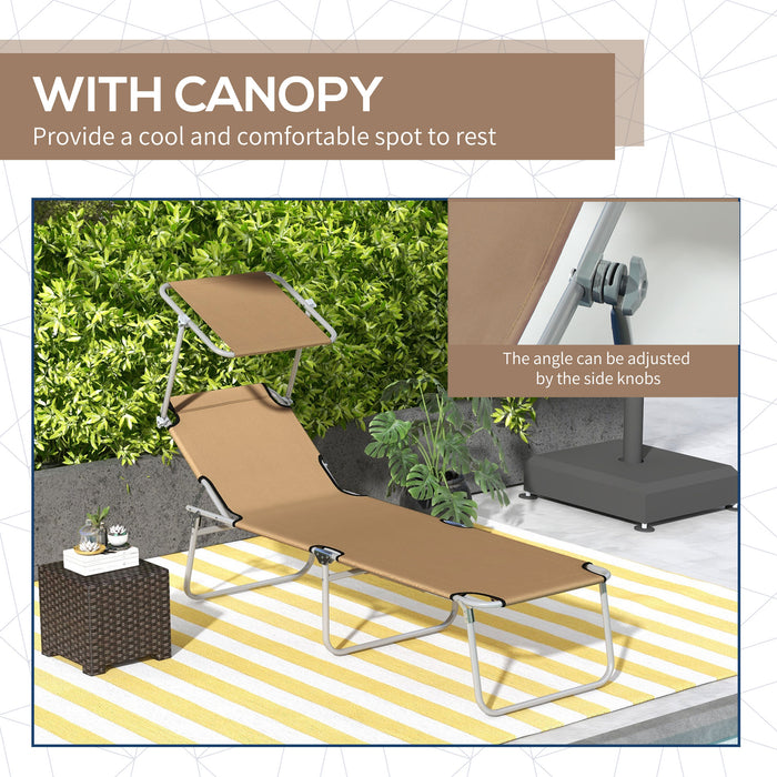 Outsunny Outdoor Foldable Sun Lounger, 4 Level Adjustable Backrest Reclining Sun Lounger Chair with Angle Adjust Sun Shade Awning for Beach, Garden, Patio, Tan