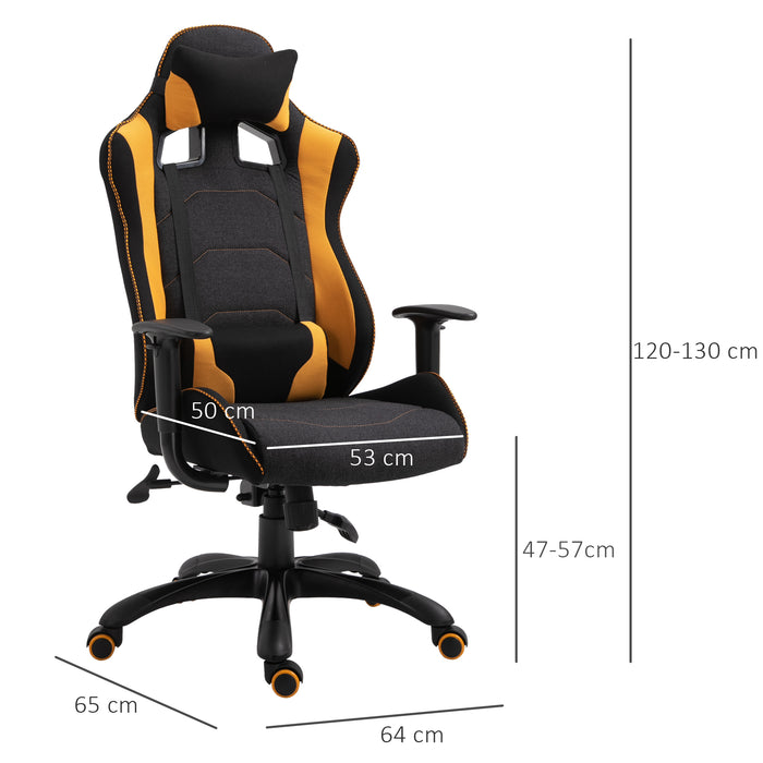 Ergonomic Racing-Style Gaming Chair with Yellow Accents - 360° Swivel, Adjustable Height, and Comfy Pillows - Perfect for Home Gaming and Office Use