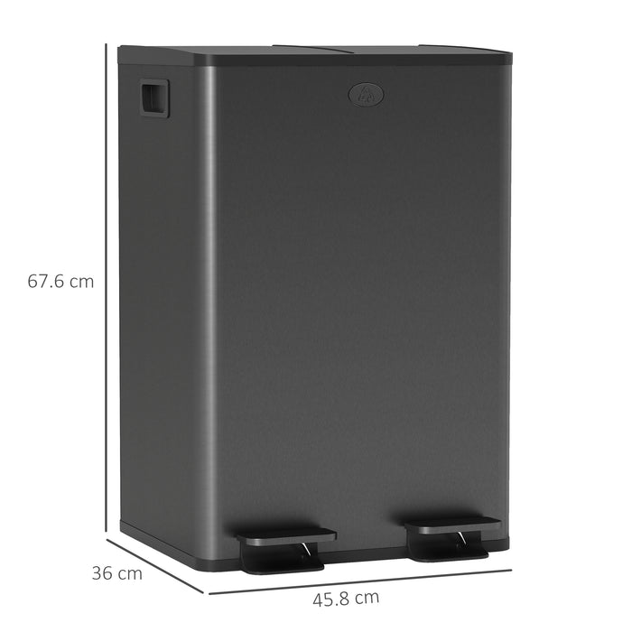 HOMCOM 56L Dual Compartment Stainless Steel Bin, with Deodoriser Holders - Black