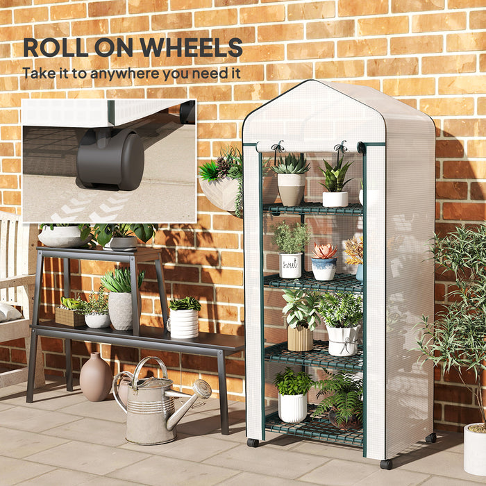 Outsunny 4 Tier Mini Portable Greenhouse Compact Plant Grow Shed Metal Frame PE Cover with Lockable Rolling Wheels , White