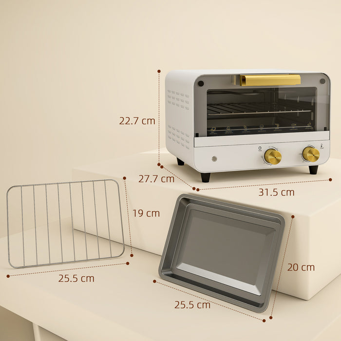 HOMCOM Small Toaster Oven, 12L Multifunction Mini Countertop Oven with Glass Door, Adjustable Temperature and Timer, Accessory Included, 750W, White