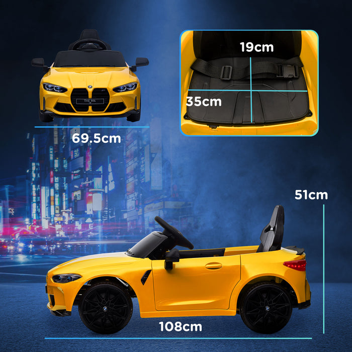 BMW M4 Kids Ride-On Car - 12V Battery-Powered with Remote Control, Suspension, Music Player, Horn, LED Lights - Interactive Playtime for Children in Bright Yellow