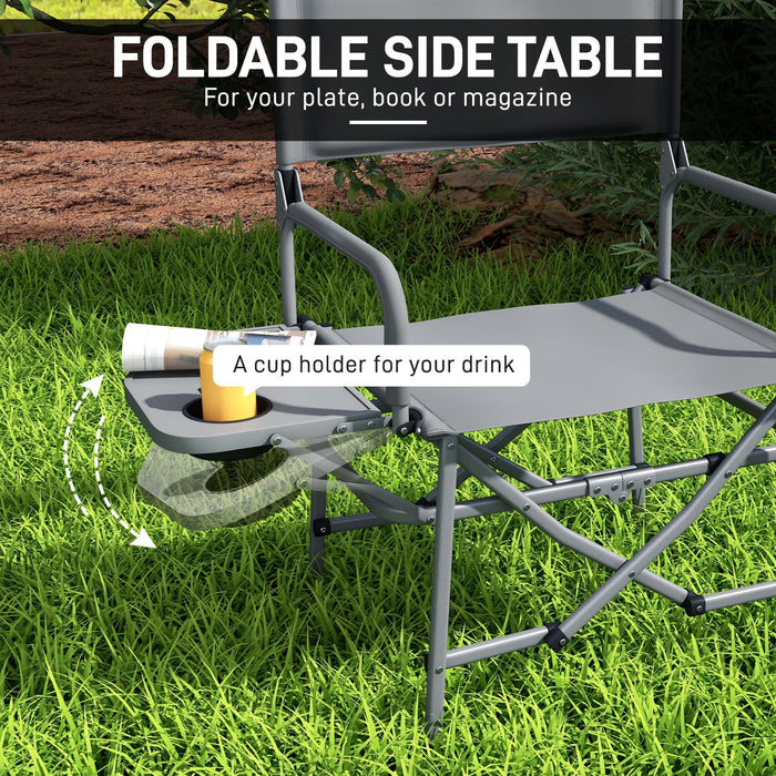 Portable Director's Chair with Built-in Side Table - Durable Grey Camping Seat - Ideal for Outdoor Events and Picnics