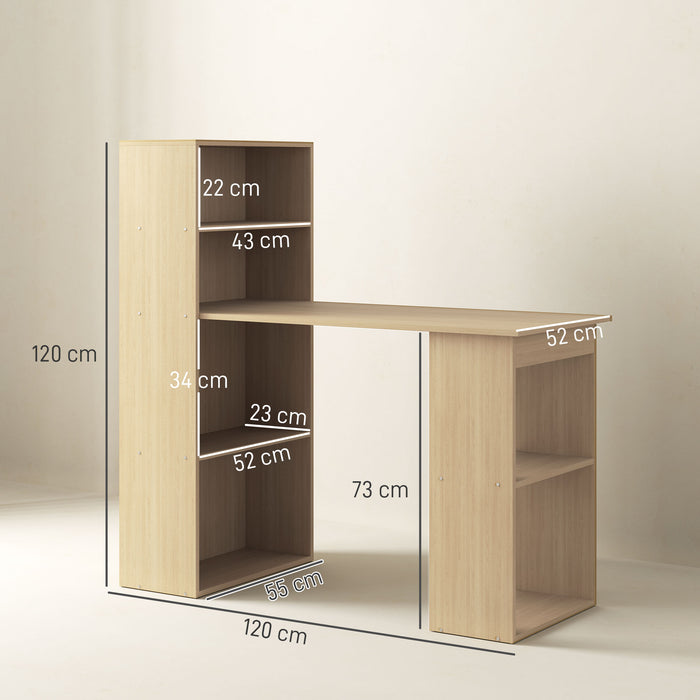 HOMCOM 120cm Modern Computer Desk Bookshelf Study Table Workstation PC Laptop Writing Home Office 6 Shelves, Natural Wood Finish
