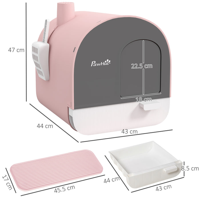 Hooded Kitten Litter Tray with Accessories - Enclosed Cat Litter Box with Scoop, Carbon Filter & Flap Door in Pink - Ideal for Privacy & Odor Control for Cats