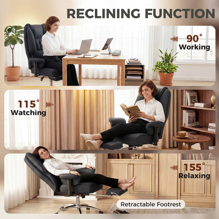 HOMCOM Executive Office Chair, Reclining Desk Chair with Footrest, Adjustable Armrests, Pet Friendly Faux Leather, Black