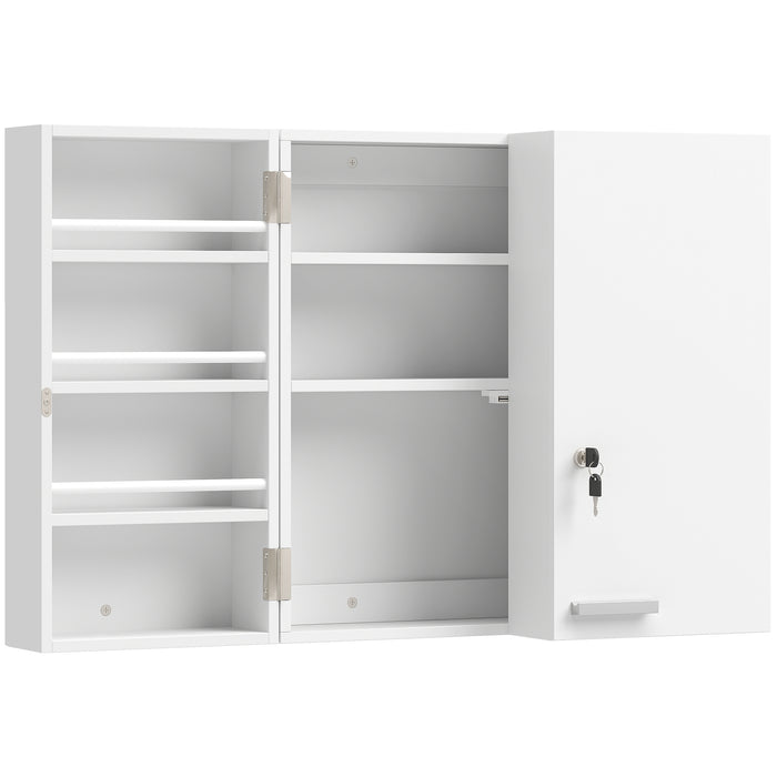 HOMCOM Wall Mount Medicine Cabinet with Key Lock, 3 Tier First Aid Cabinet with 2 Doors and 11 Storage Compartments, White