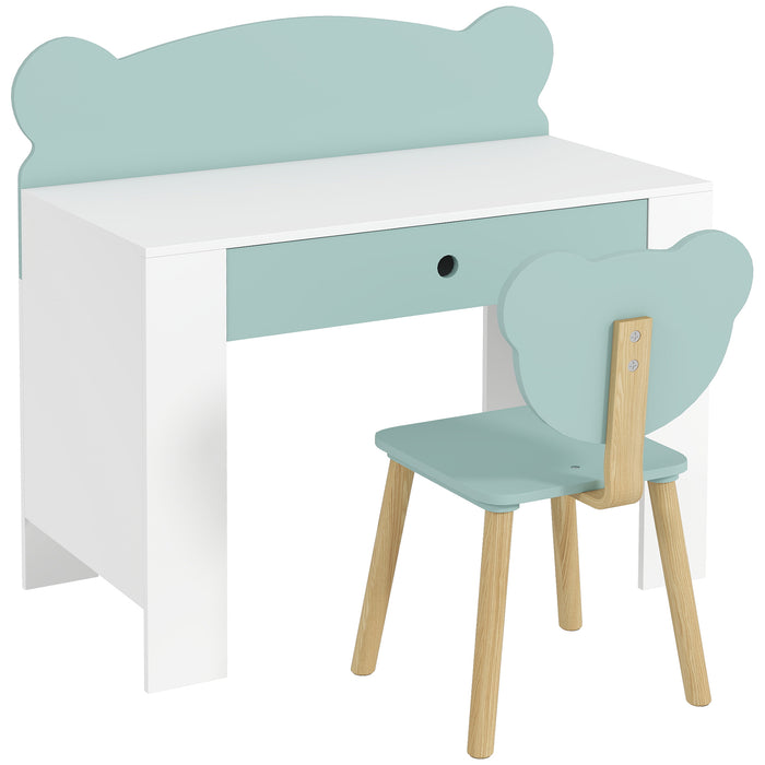 AIYAPLAY Kids Desk and Chair Set with Drawer for Drawing, Reading, Bear Theme Children Furniture for Bedroom, Daycare, Green