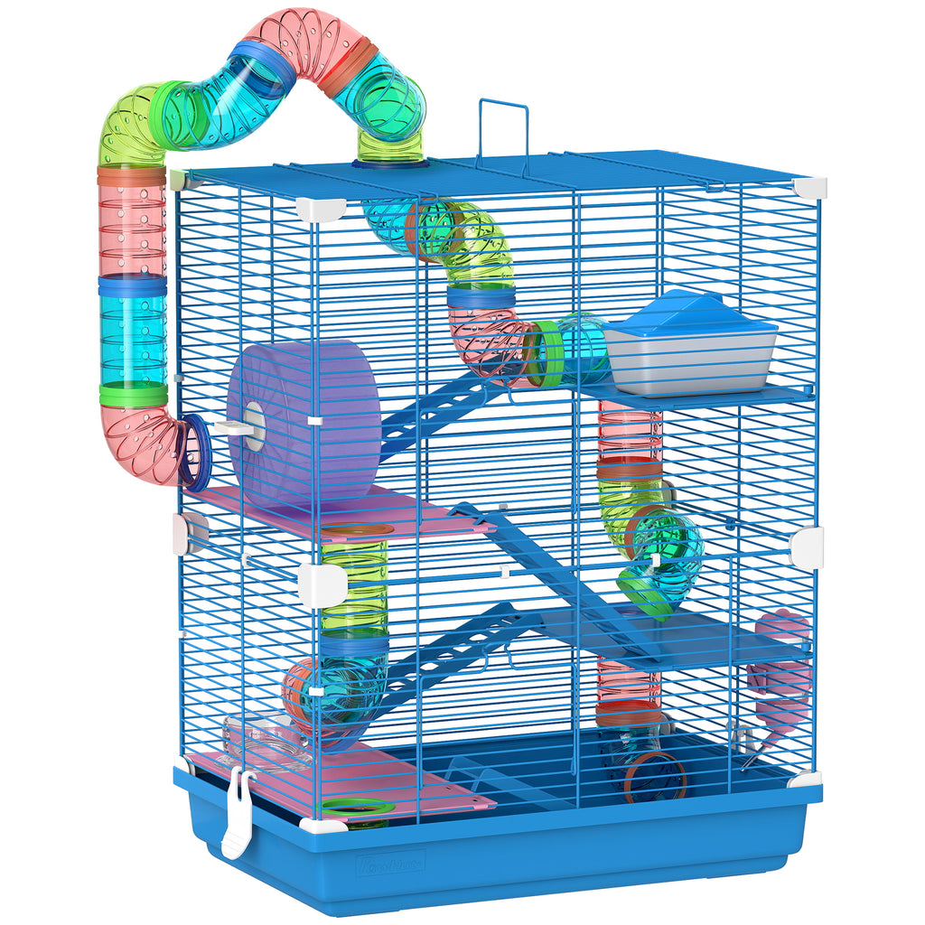 PawHut 5 Tier Hamster Cage Carrier Habitat w/ Exercise Wheels, Tunnel, Blue