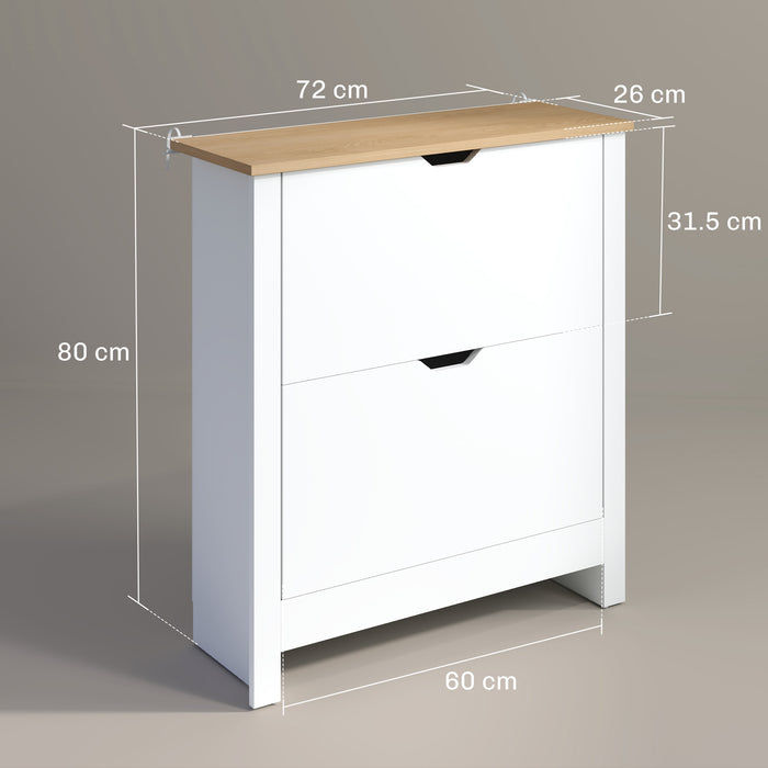 HOMCOM Slim Shoe Cabinet, Narrow Shoe Cupboard with 2 Flip Drawers, Adjustable Shelves for 12 Pairs of Shoes, High Gloss White