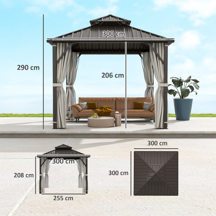 Outsunny 3 x 3(m) Hardtop Gazebo Canopy with Double Metal Roof, Waterproof Permanent Pavilion Garden Gazebo with Netting and Curtains, Easy to Assemble