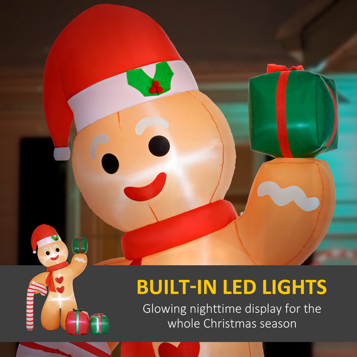 Outsunny 8FT Christmas Inflatable Gingerbread Man with Candy Cane and Three Gift Bags, Christmas Blow Up Outdoor LED Display for Garden Party