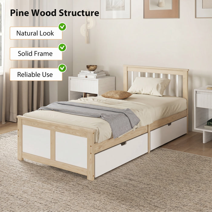 HOMCOM Pine Storage Bed, 3ft Single Solid Wooden Bed Frame with Drawers, Headboard, Wood Slat Support, Natural Wood Finish