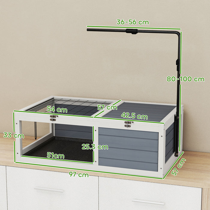 PawHut Tortoise Table with Adjustable Lamp Holder, Wooden Tortoise House w/ Openable Lids, Pull-Out Trays - Grey