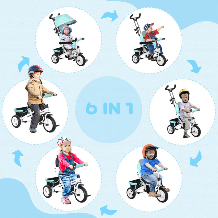 Green 6-in-1 Kids Trike Push Bike - Adjustable Handle, Sun Canopy, Secure 5-Point Harness, Ample Storage, Footrest, Rear Brake - Perfect for Toddlers Ages 1-5 Years