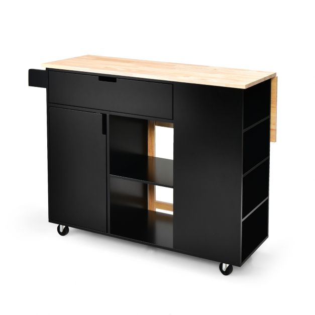 Kitchen Island with Drop-Leaf Design - Black Storage Unit with Robust Rubber Wood Top - Perfect Solution for Space-Saving and Kitchenware Organization
