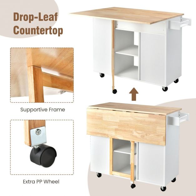 Kitchen Island with Drop-Leaf Design - Black Storage Unit with Robust Rubber Wood Top - Perfect Solution for Space-Saving and Kitchenware Organization