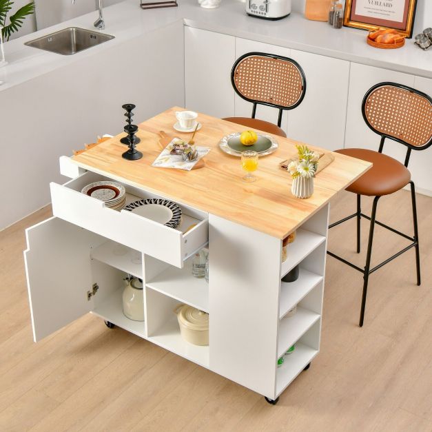 Kitchen Island with Drop-Leaf Design - Black Storage Unit with Robust Rubber Wood Top - Perfect Solution for Space-Saving and Kitchenware Organization