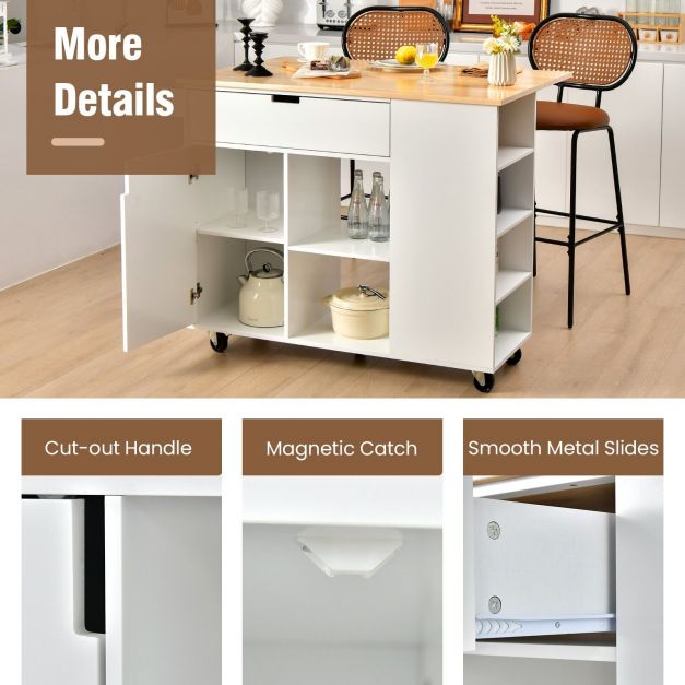 Kitchen Island with Drop-Leaf Design - Black Storage Unit with Robust Rubber Wood Top - Perfect Solution for Space-Saving and Kitchenware Organization