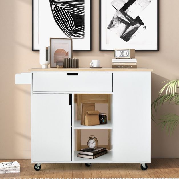 Kitchen Island with Drop-Leaf Design - Black Storage Unit with Robust Rubber Wood Top - Perfect Solution for Space-Saving and Kitchenware Organization