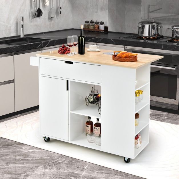 Kitchen Island with Drop-Leaf Design - Black Storage Unit with Robust Rubber Wood Top - Perfect Solution for Space-Saving and Kitchenware Organization