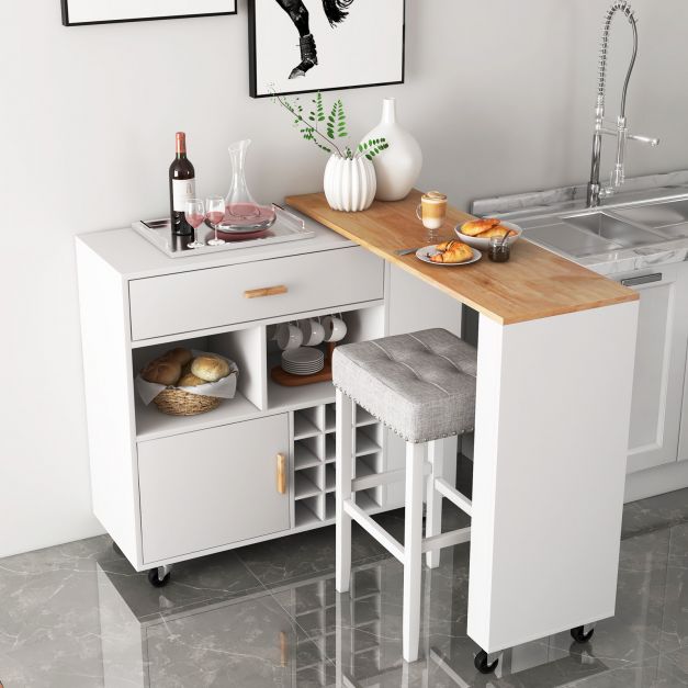 Rubber Wood Top Kitchen Island Cart - 2-in-1 White Design for Expanded Storage - Ideal for Organizing Kitchen Spaces