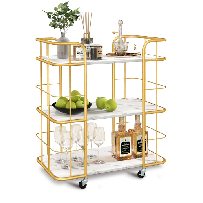 3-Tier Golden Buffet Serving Cart - Rolling Utility Cart with Lockable Wheels and Handles - Ideal for Hosting and Serving Versatility