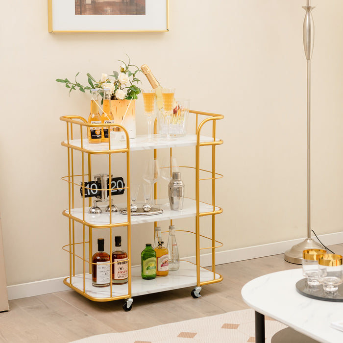 3-Tier Golden Buffet Serving Cart - Rolling Utility Cart with Lockable Wheels and Handles - Ideal for Hosting and Serving Versatility