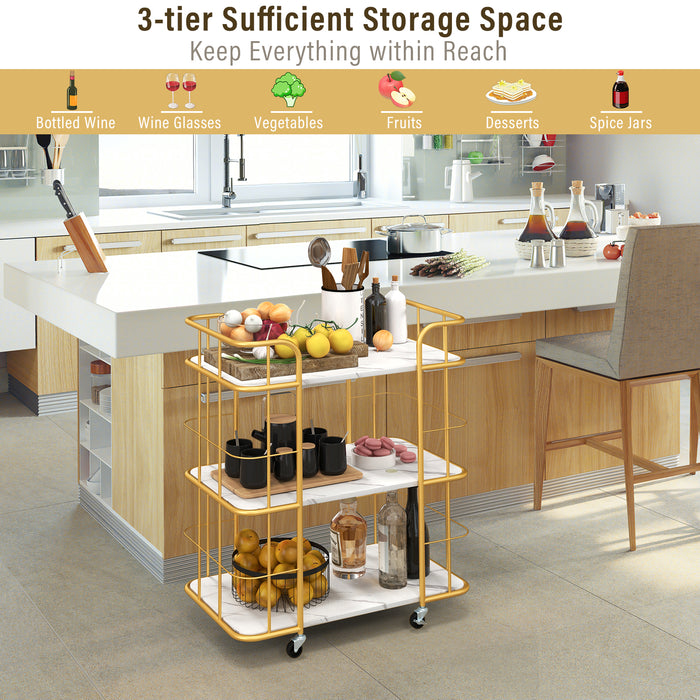 3-Tier Golden Buffet Serving Cart - Rolling Utility Cart with Lockable Wheels and Handles - Ideal for Hosting and Serving Versatility