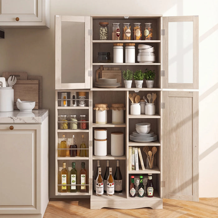Kitchen Pantry Storage Cabinet with Glass Doors and Storage Shelves-White