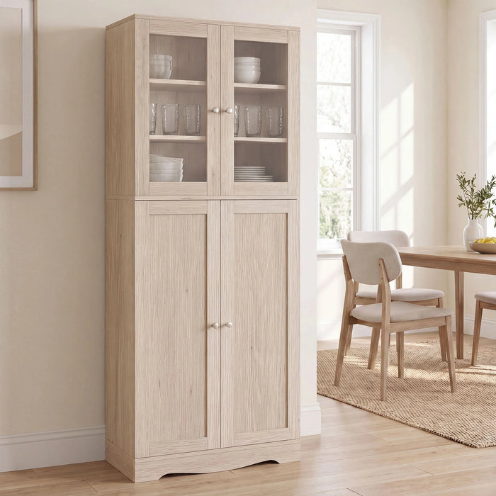 Kitchen Pantry Storage Cabinet with Glass Doors and Storage Shelves-White