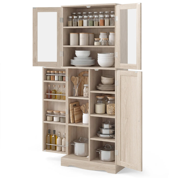 Kitchen Pantry Storage Cabinet with Glass Doors and Storage Shelves-White
