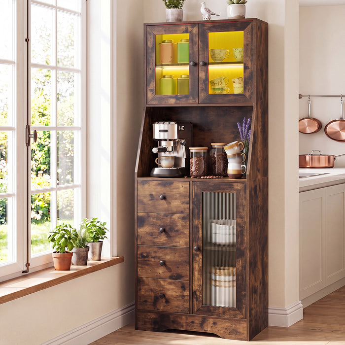 Kitchen Pantry Cabinet with Adjustable LED Lights and Doors-White