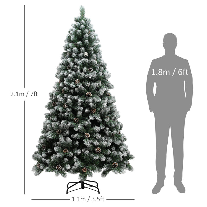 HOMCOM 7ft Artificial Pine Christmas Tree with 1152 Branch Tips and Steel Base, Realistic Hinged Tree with Pinecones, Holiday Décor for Home Office, Green